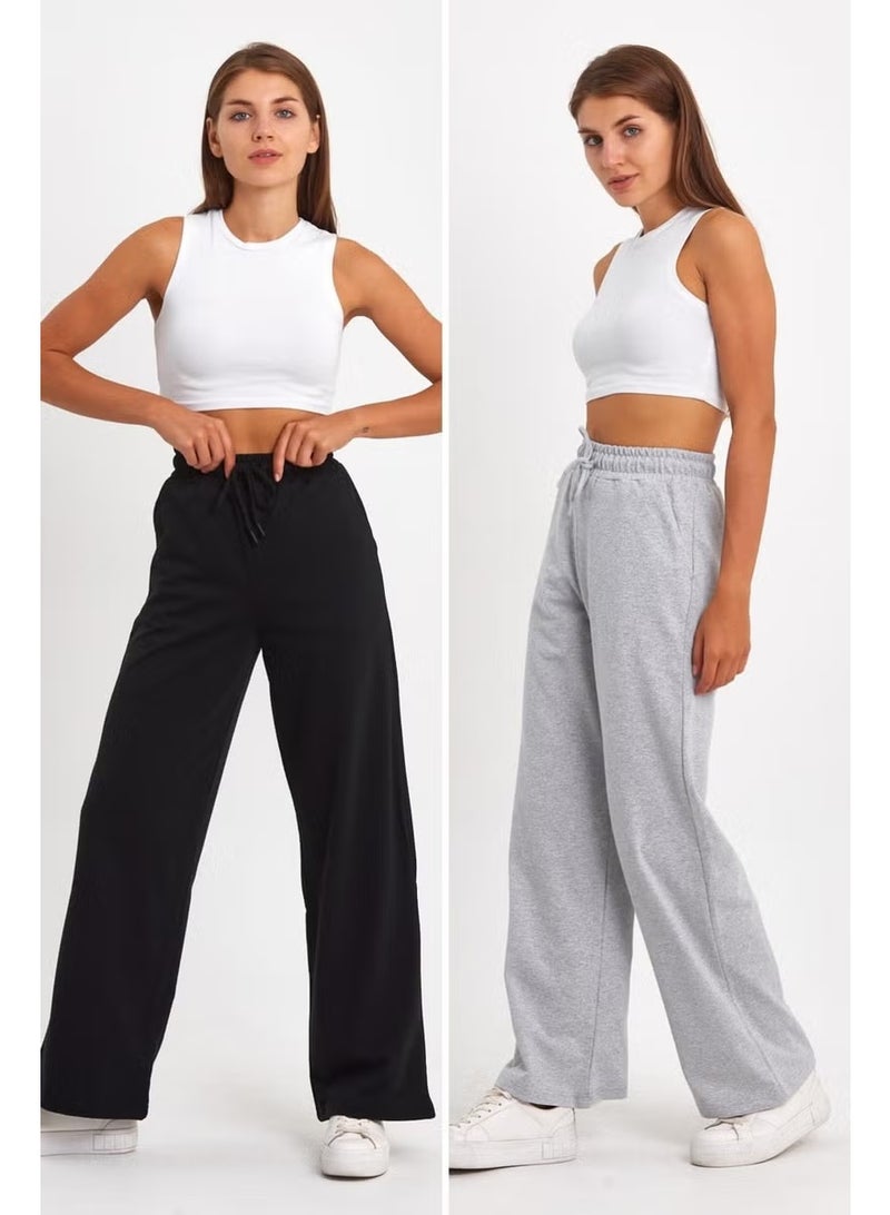 mmetalic Black-Grey Women's Seasonal Casual Wide Leg Side Pocket 2-Pack Sweatpants - Image 1